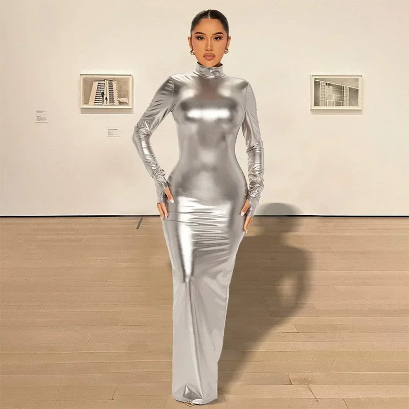 Y2K Metallic Gilding Backless Maxi Dress Women Elegant Turtleneck Full Sleeve Slim Bodycon Long Clubwear Evening Party Dresses