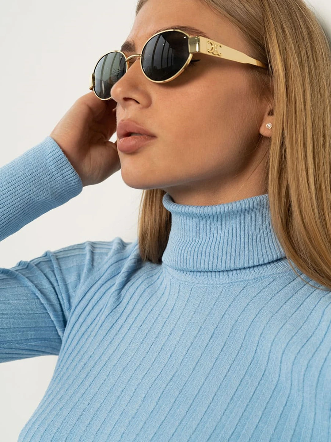 

Textured Golf in Blue Turtleneck Sweater Regular Fit Knitted Sweater Autumn Wear Pullover Sweater for Women