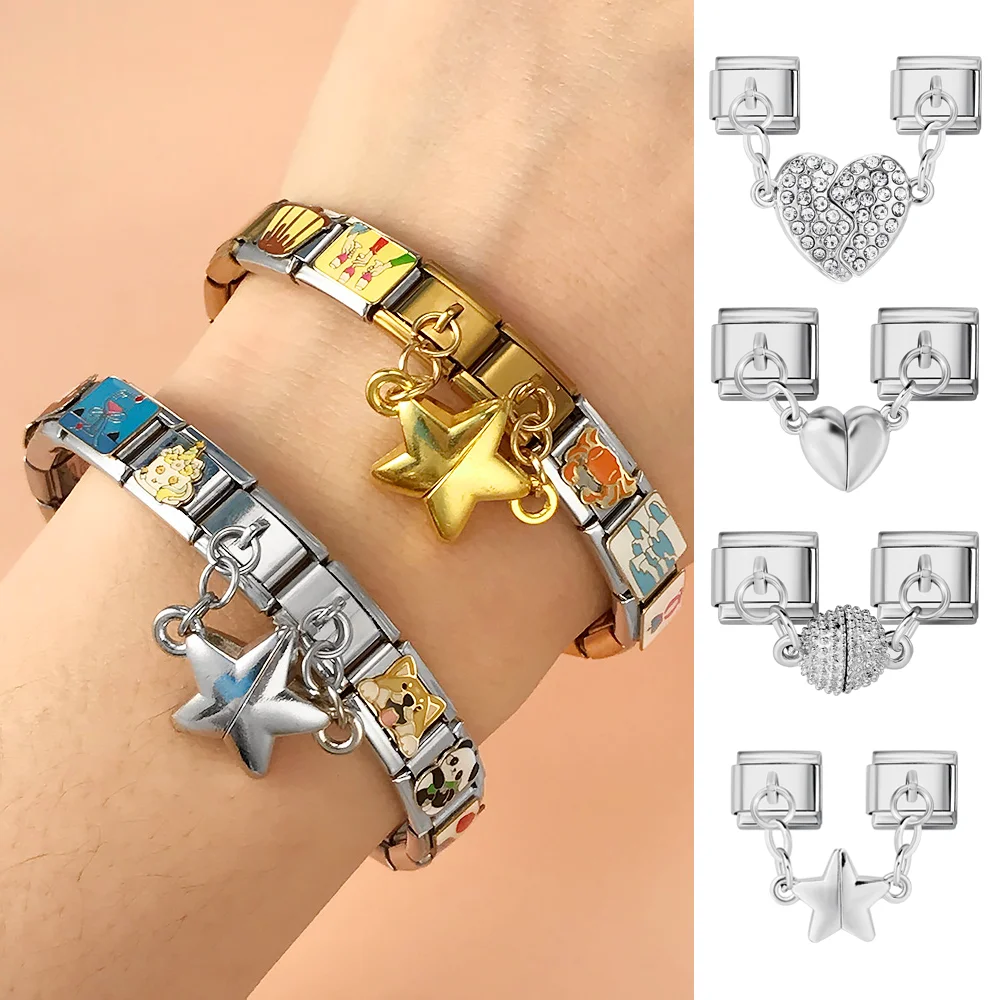 Removable Magnetic Attraction Star Heart Round Zircon Italian Charm Link 9mm Stainless Steel Bracelet DIY Making Beads Jewelry