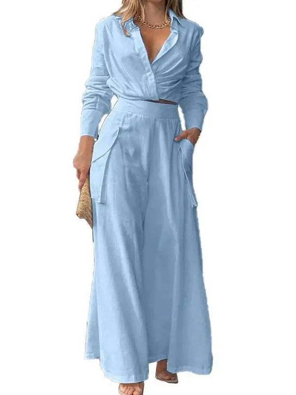 

Long Sve, брючный костюм с высокой талией и широкими штанинами, женский повседневный комплект спортивной одежды, полиэстер, коллекция весны 2023.