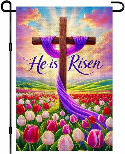 Happy Easter Garden Flag Double Sided Burlap He Is Risen Cross, 12x18 Inch XXQ