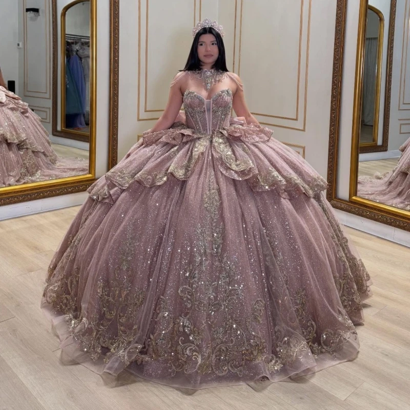 

Rose Gold Shiny Quinceanera Dresses Off The Shoulder Gold Applique Lace Beading Crystal Bow Tull Corset Party Birthday Sweet 16
