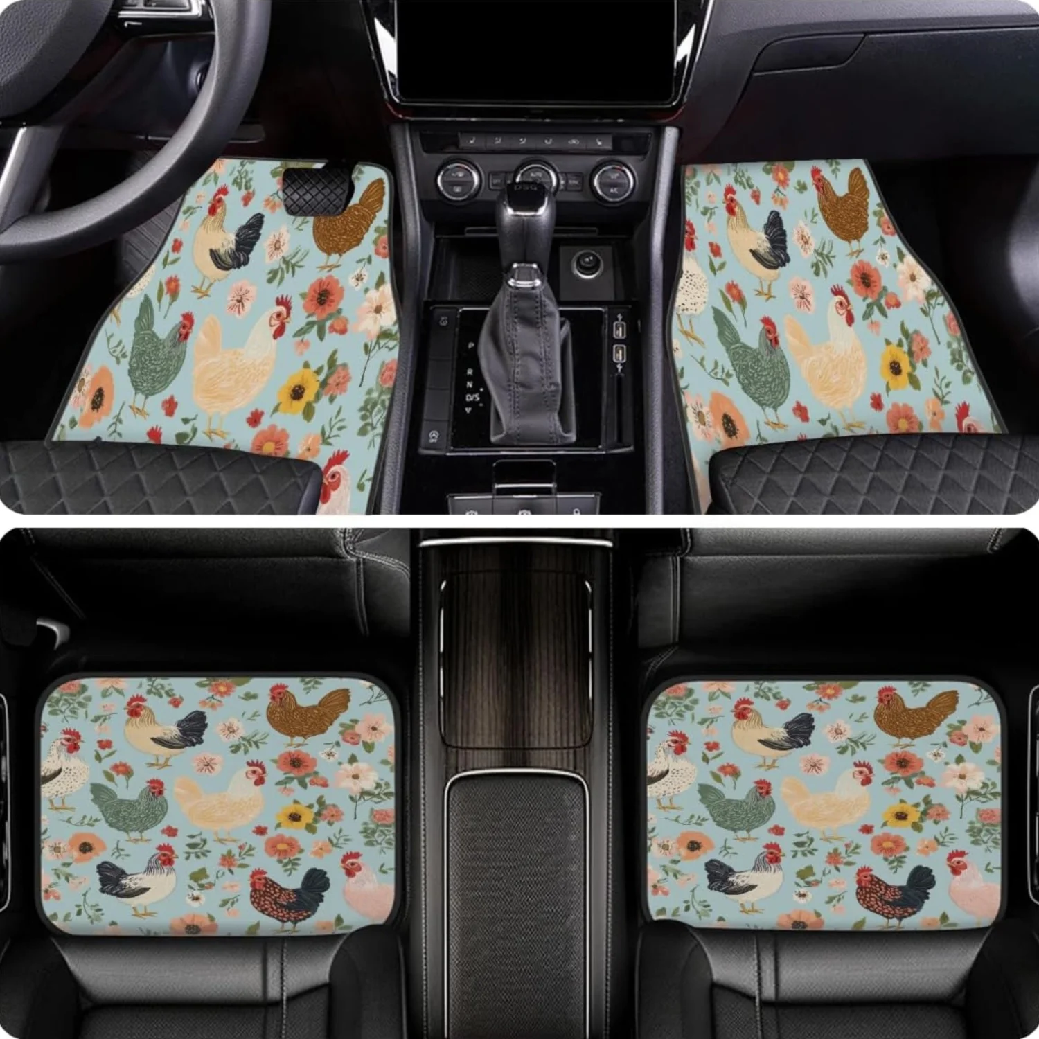 Set Of 4 Car Floor Mats | Non Slip, Waterproof Polyester Rugs, Universal Fit For SUV, Van, Truck, Sedans With Farm Chickens And