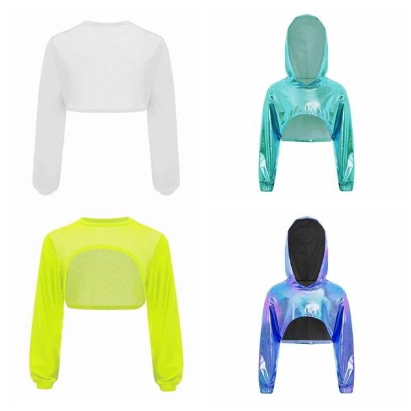 Kids Girls Hip-Hop Jazz Dance Tops Fashion Children Sportswear Hollow Out Mesh Sweatshirts Asymmetrical Hem Crop Top Streetwear