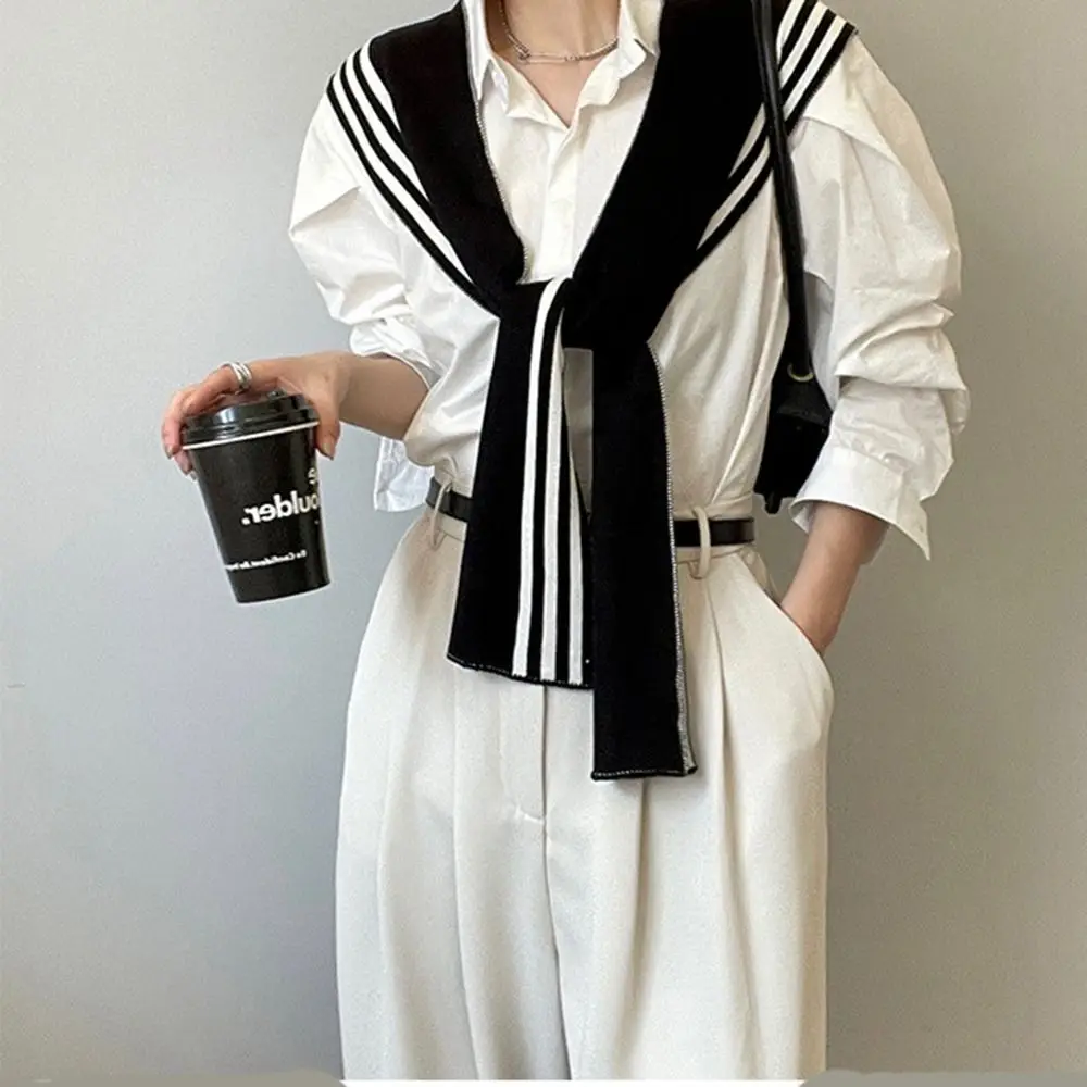 Blouse Shoulders Fake Collar Knitted Shawl Sunscreen Solid Color Black White Stripe Scarf Clothes Decoration Korean Style