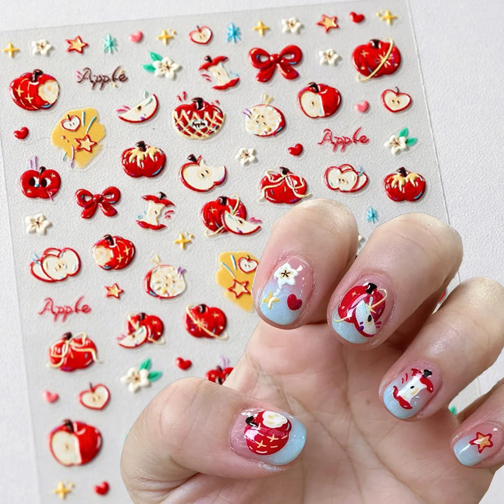 

1Pcs Red Apple Christmas Nail Art Sticker 5D Embossed Apples Core Slice Cute Bow Heart Star Nail Slider New DIY Manicure Decals_