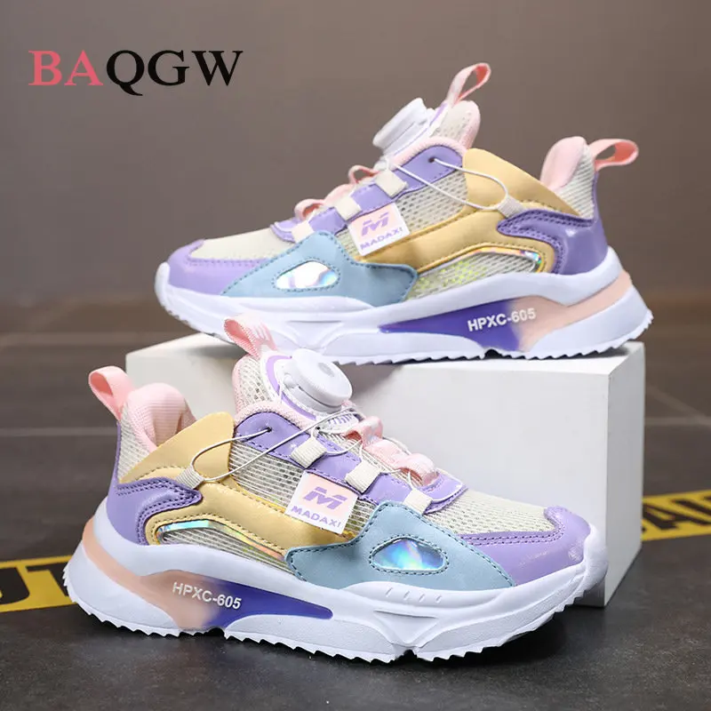 Button Design Children's Sports Shoes Color Patchwork Mesh Breathable Casual Running Shoes for Children School Students.shoes