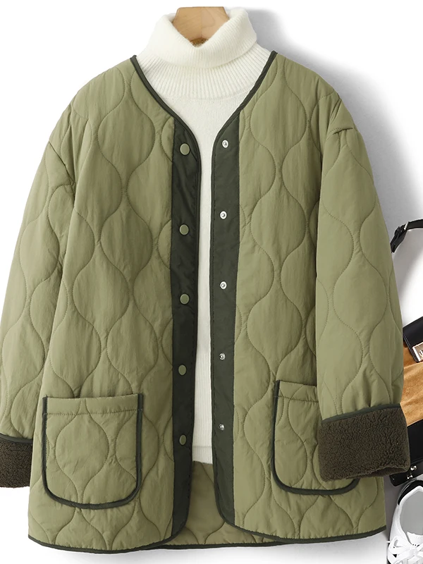 

Korean Sle round Ne Color Blo Cotton Jaet Women's Winter Lined Lamb Fur Faionable Warm Mid-Length Bread Coat Top