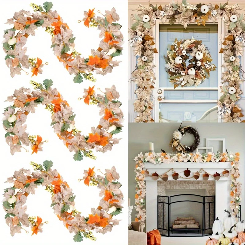 4pcs Fall Maple Leaf Garland Artificial Pumpkin Autumn Garland Decoration for Thanksgiving Dinner Fireplace Door Frame Doorway