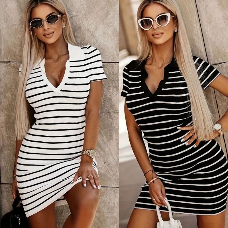 

2024 Autumn New Knitted Dress with V-neckline contrasting stripes, short sleeves slim fit sexy and fashionable dress for women