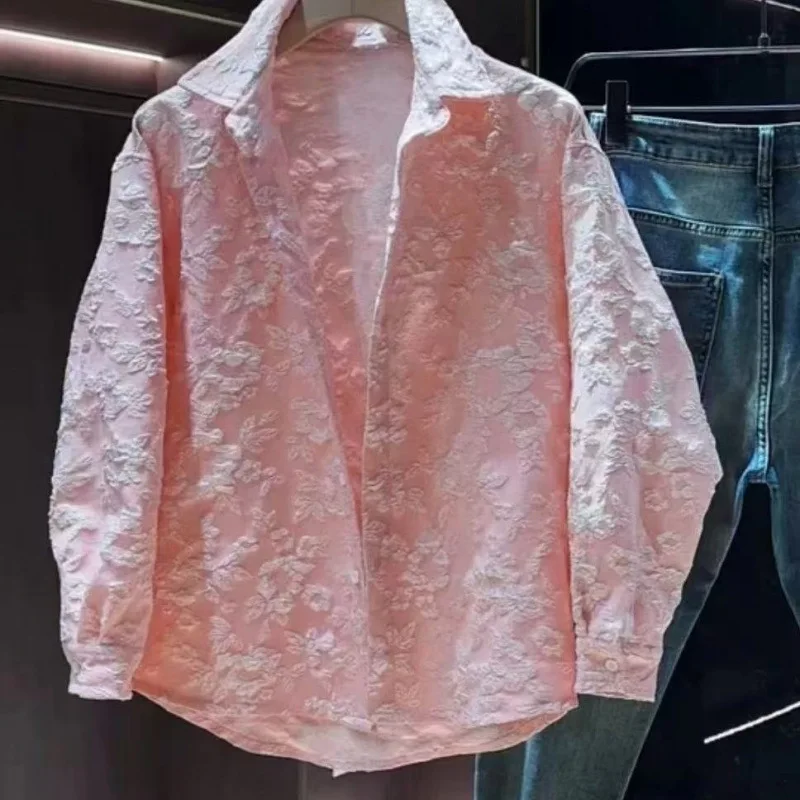 2025 Spring and Autumn Fashion Casual Embossed Collar Shirt Men's Trendy Street Daily Shirt Premium Loose Top Coat