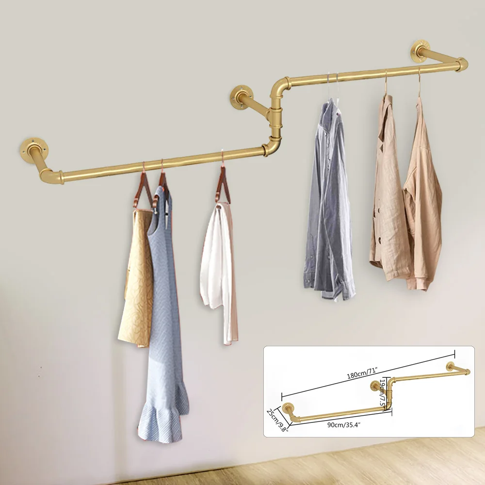 

Clothes Rack Industrial Iron Pipe Wall Mounted Garment Rack Hanging Rod For Closet Storage Gold Commercial Garment Clothe Closet