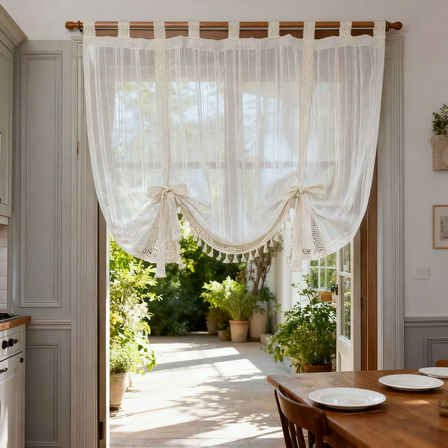 Transparenter Vintage-Vorhang mit Häkelspitze, gestreift, mit Quastendekoration, für Küche, Tür und Fenster, rustikale Heimdekoration