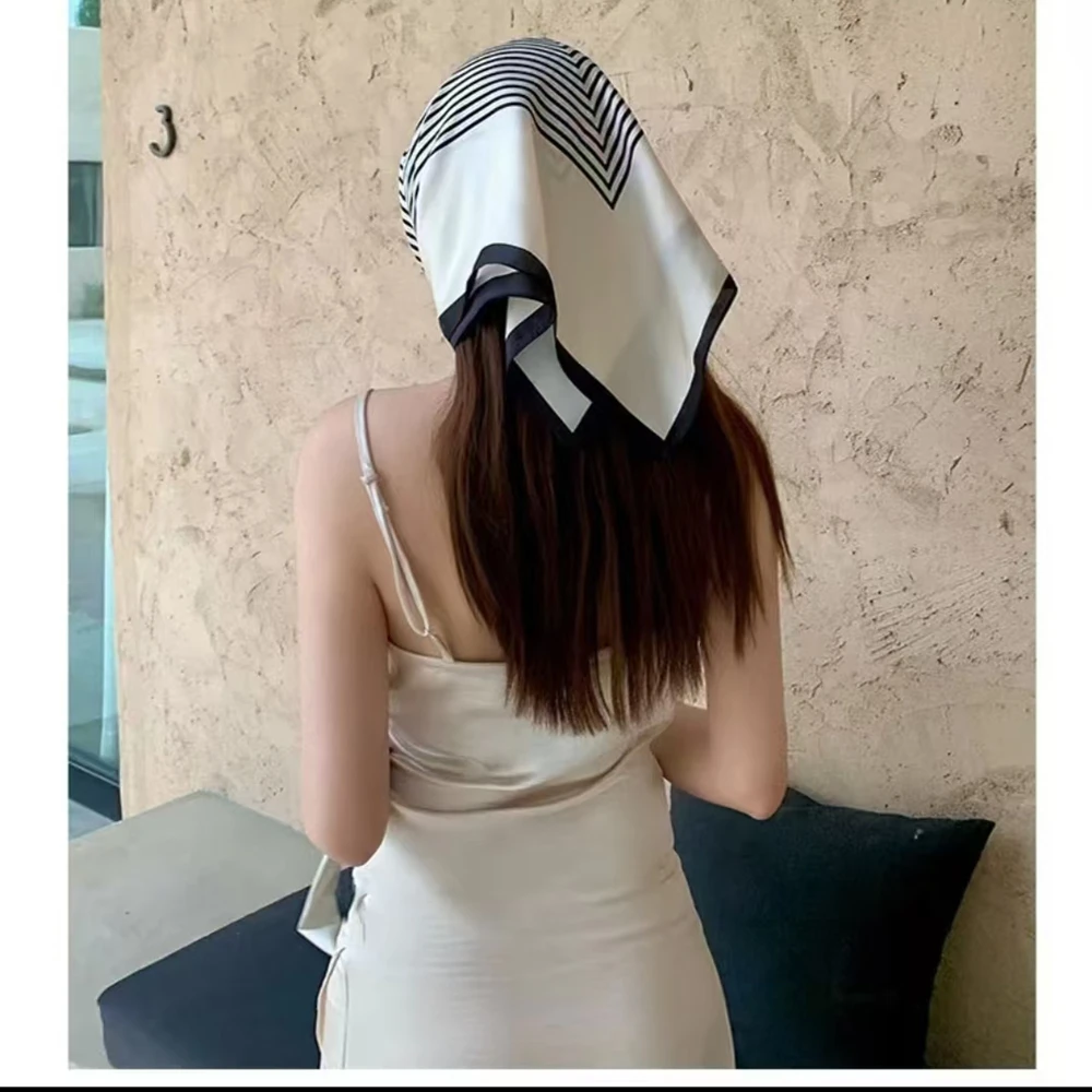 Fashion Square 70cm Black and White Striped Bandana Head Scarf Women's Hijab Shawls Kerchief Handkerchief Silk Satin Scarfs view 6