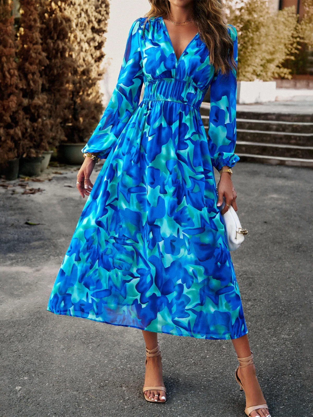 Summer Casual Loose V-ne Print Dr Women's Floral Skirt Sweet High Waist A-line Long Sve Maxi Dr