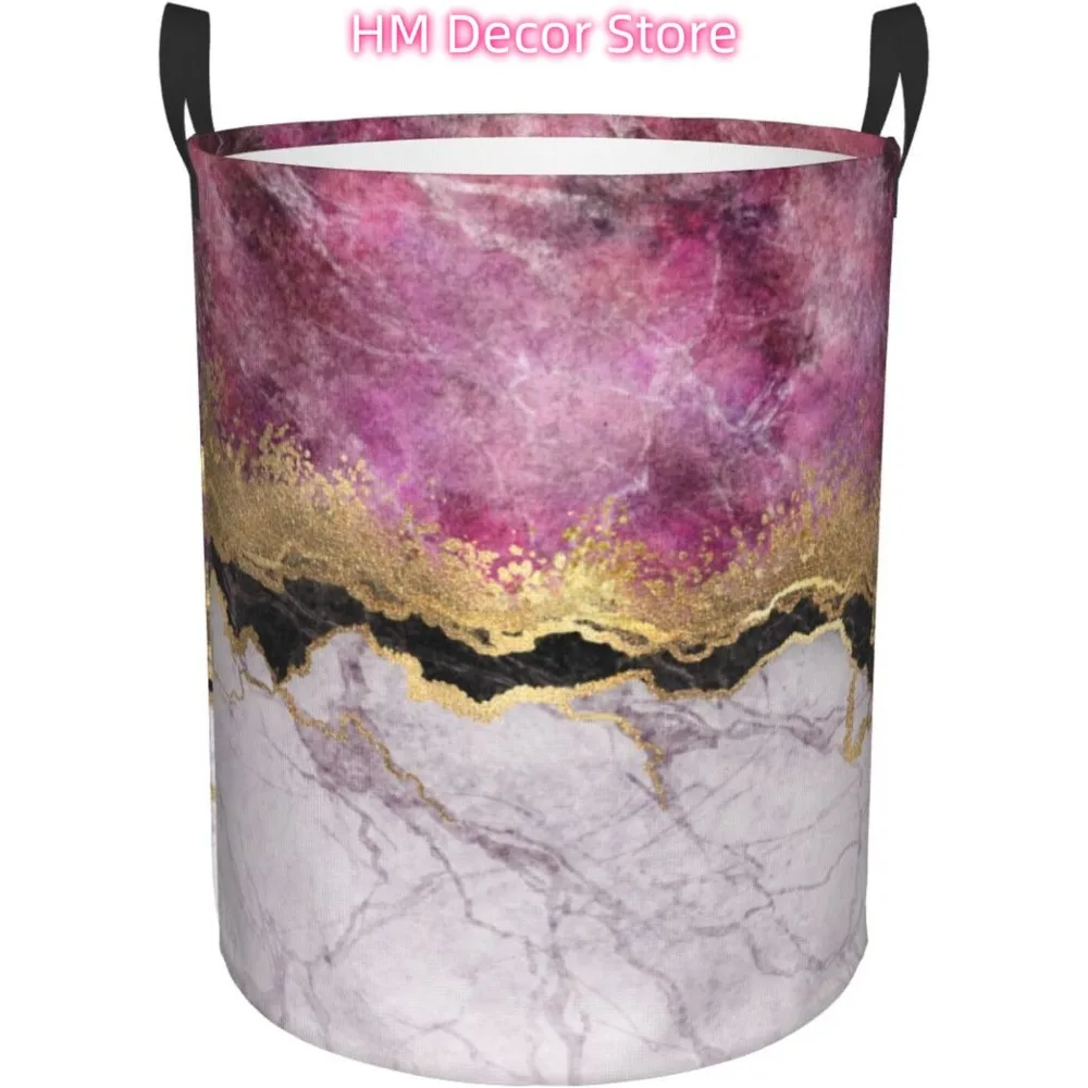 سلة الغسيل الرخام الوردي مع الأوردة الذهبية قماش أكسفورد سلة الغسيل القابلة للطي مع مقبض للمطبخ غرفة النوم #1