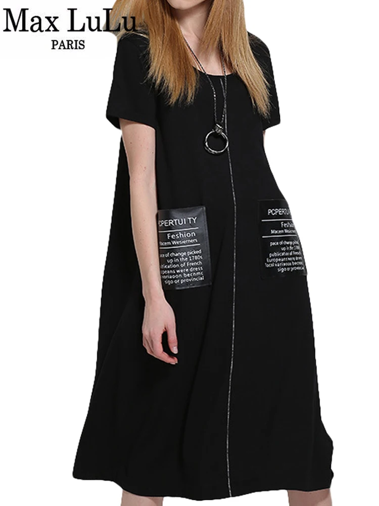 Max LuLu New Clothes Luxury European Brand Womens Casual Long Dresses Zipper Pockets Ladies Summer Maxi Dress Black Vestidos 5XL