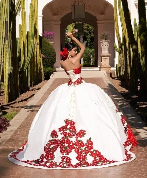 Zwart Rood Prinses Quinceanera Jurken Baljurk Lieverd Organza Appliques Sweet 16 Jurken 15 Años Mexicaans