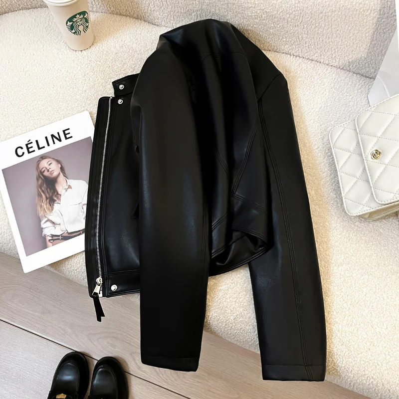 Chaqueta de cuero informal negra para mujer, chaqueta de cuero de manga larga Beige a la moda de alta calidad, chaqueta de motocicleta