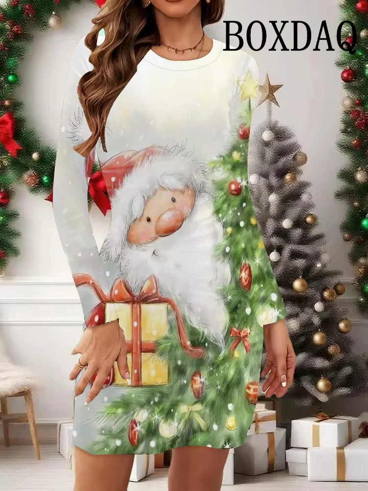 Vestidos con estampado de muñeco de nieve de Navidad para mujer, minivestido ajustado de manga larga con estampado 3D de copos de nieve de Navidad a la moda 2025