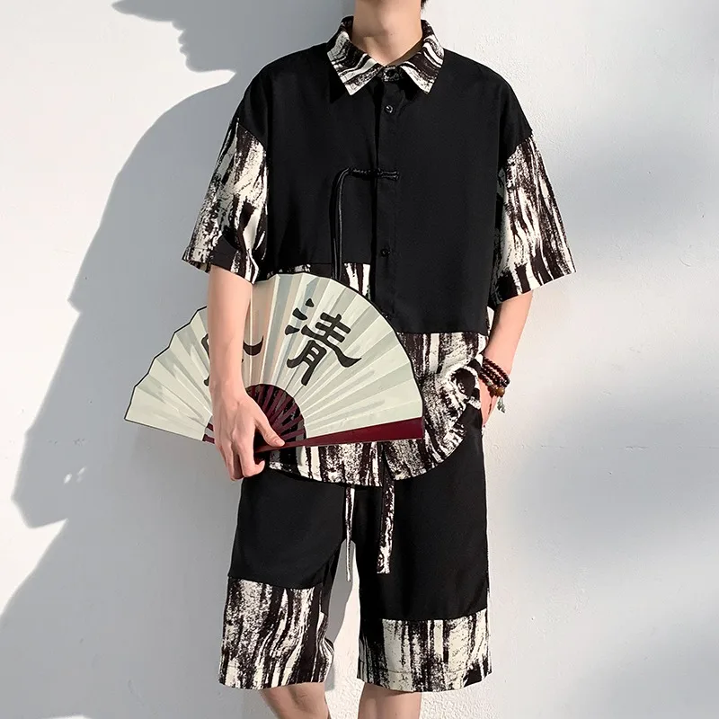 Hemd und Shorts Set Herren schöne Tinte Stil chinesische Eis Seide Stoff Hemd Revers Kurzarm T-Shirt und Shorts