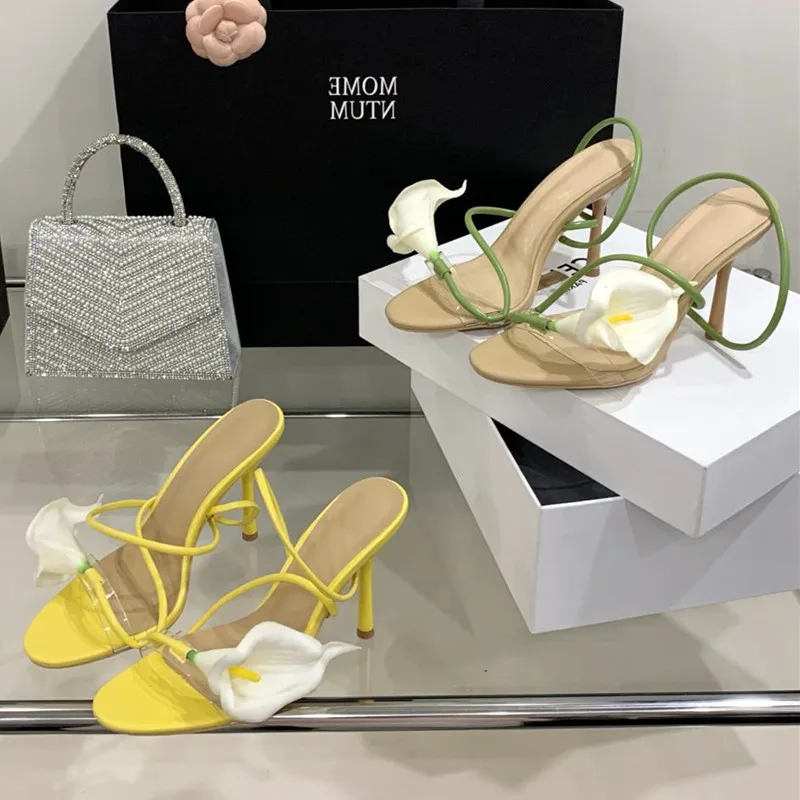 أنيقة شفافة بولي كلوريد الفينيل زهرة مزينة الكعب الصنادل المرأة مثير اللمحة تو رقيقة عالية الكعب موضة فستان الحفلات أحذية للنساء #5