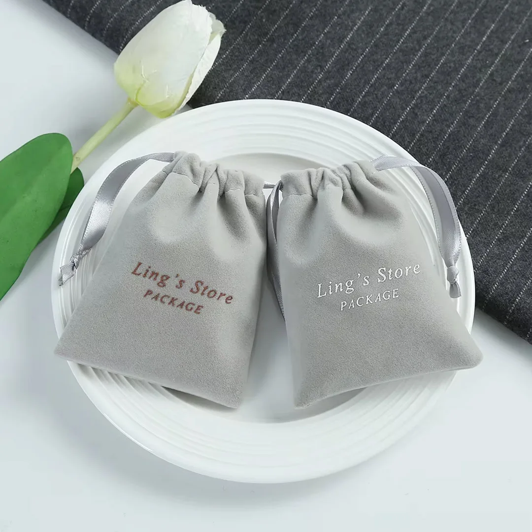 

100Pcs Personalized Logo Grey Jewelry Drawstring Gift Bag Chic Small pouch Wedding Shopping Packing for Earring Bracket Storage