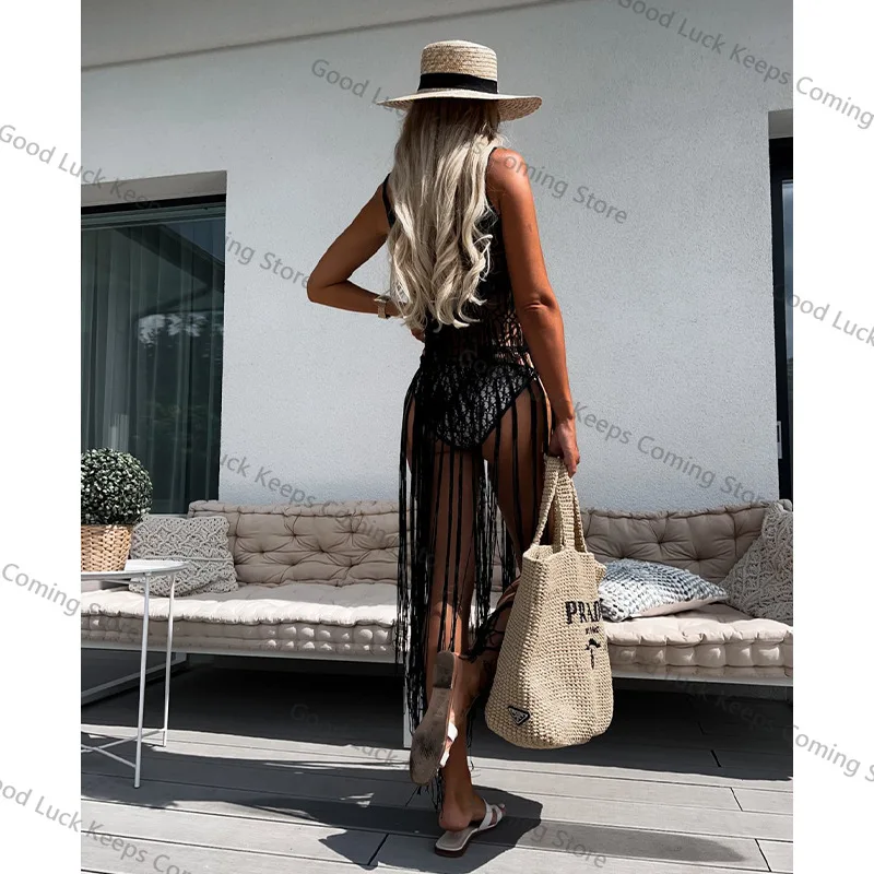 2025 เสื้อถักโครเชต์บิกินี่ COVER-UPS เซ็กซี่ Hollow OUT ชุดผู้หญิงฤดูร้อนเสื้อผ้าชายหาดสวมชุดว่ายน้ําดูผ่านพู่ COVER UP