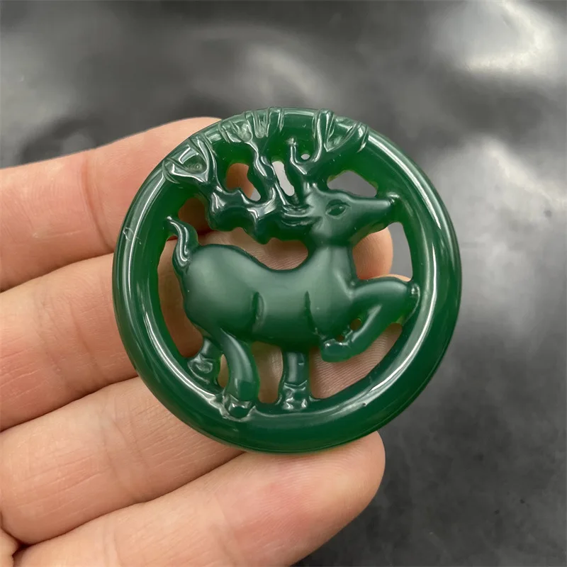 Double-Sided Hollow-Carved Green And Deer , You Are With Me All Way Agate Charm, Jade Pendant