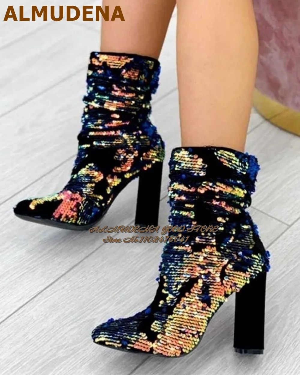 ALMUDENA Bling Bling Sequined Short Boots Chunky Heel Multi-color Paillette Ankle Boots Shining Wedding Shoes Celebrity Pumps