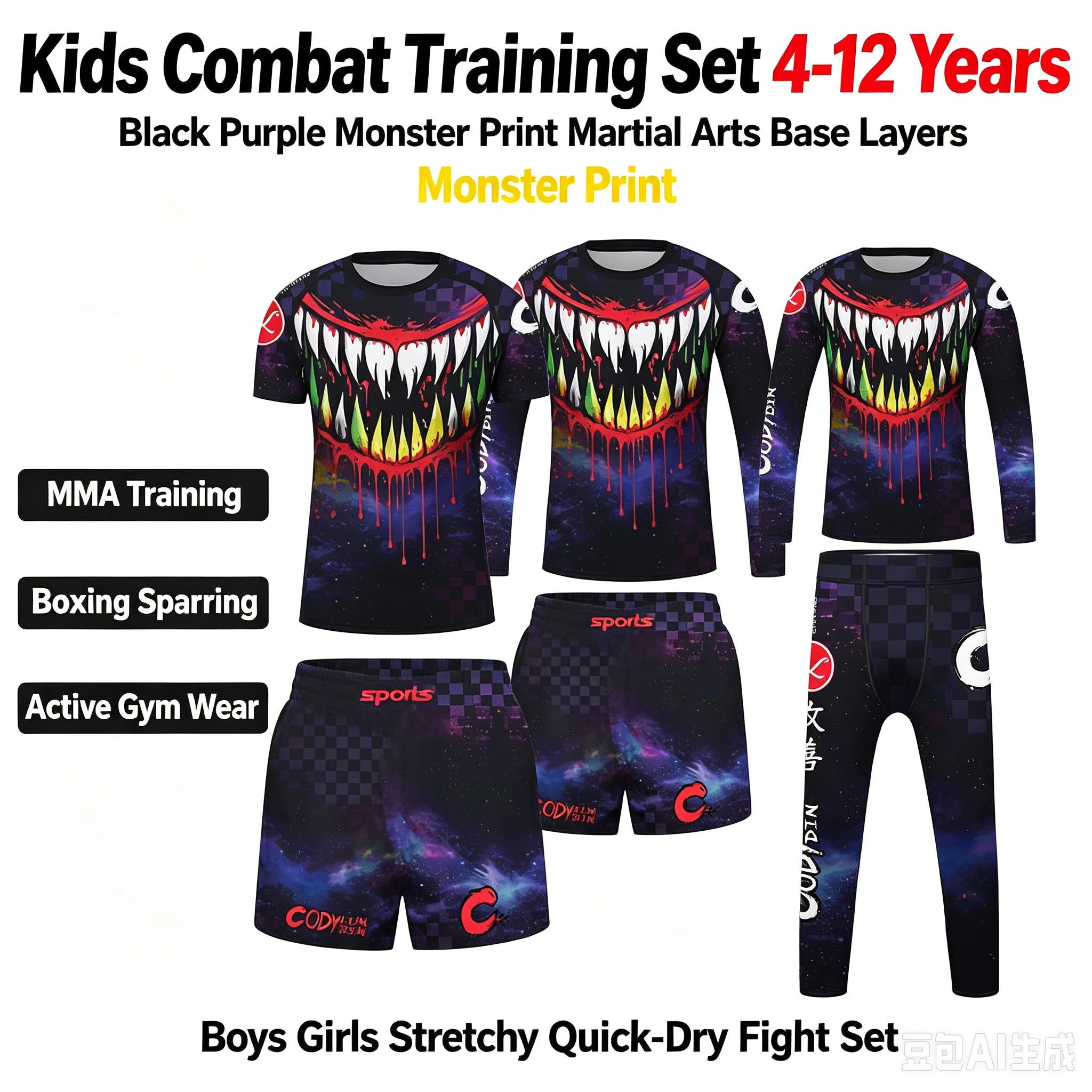 Kids Combat Training Set 4-12 Years Black Purple Monster Print Martial Arts Base Layers MMA Boxing Sparring Gym Clothes for Boys