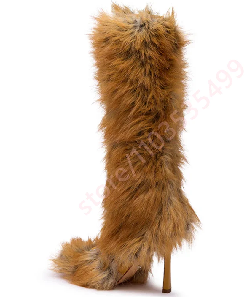 2025 Brown Fur Strap Snow Boots Winter New Fashion Ladies Sexy Party Stiletto Stage Boots Model Catwalk Furry Knee-High Boots view 6