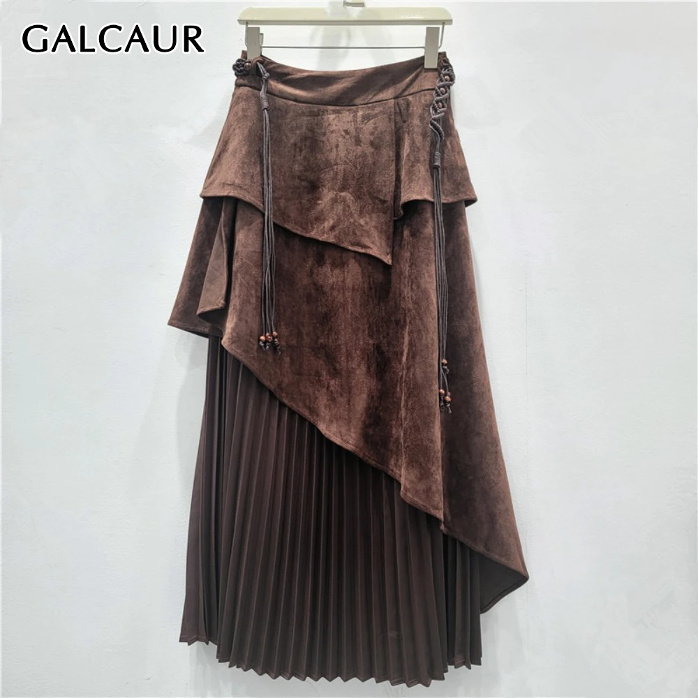 

GALCAUR Solid Spliced Ruffles Skirt Female High Waist Loose Patchwork Lace Up French Vintage Women's Skirts Autumn Fashion Style