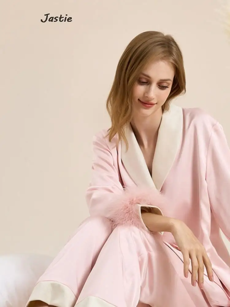 Feather Fleece Warm Satin Winter Pajamas Lapel Long Sleeveshirts + Wide Leg Pant Sets Luxury Fashion Autumn Home Sleepwear Suit