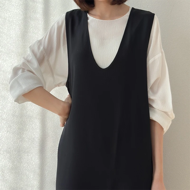 ผู้หญิงผ้าไหมชุดผ้าไหมหม่อน 100% 24 Momme Heavy Crepe Silk ลึก V คอ A-Line ยาวประเภท Midi ชุด M1348