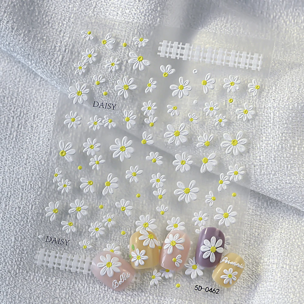 2 Stück 5D weiße Gänseblümchen Design Nail Art Aufkleber geprägte Gänseblümchen Blümchen grünes Blatt Nail Art Aufkleber DIY Frühling Sommer Dekor Aufkleber – Detail 9