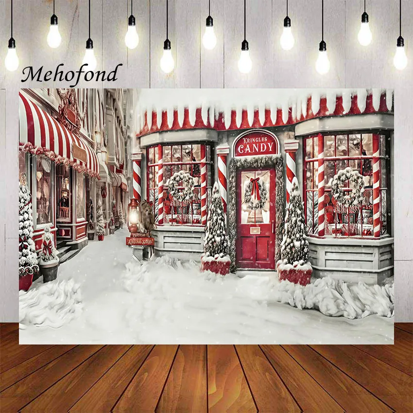 Mehofond Photography Background Christmas Candy Shop Windows Winter Snow Xmas Tree Family Portrait Decor Backdrop Photo Studio