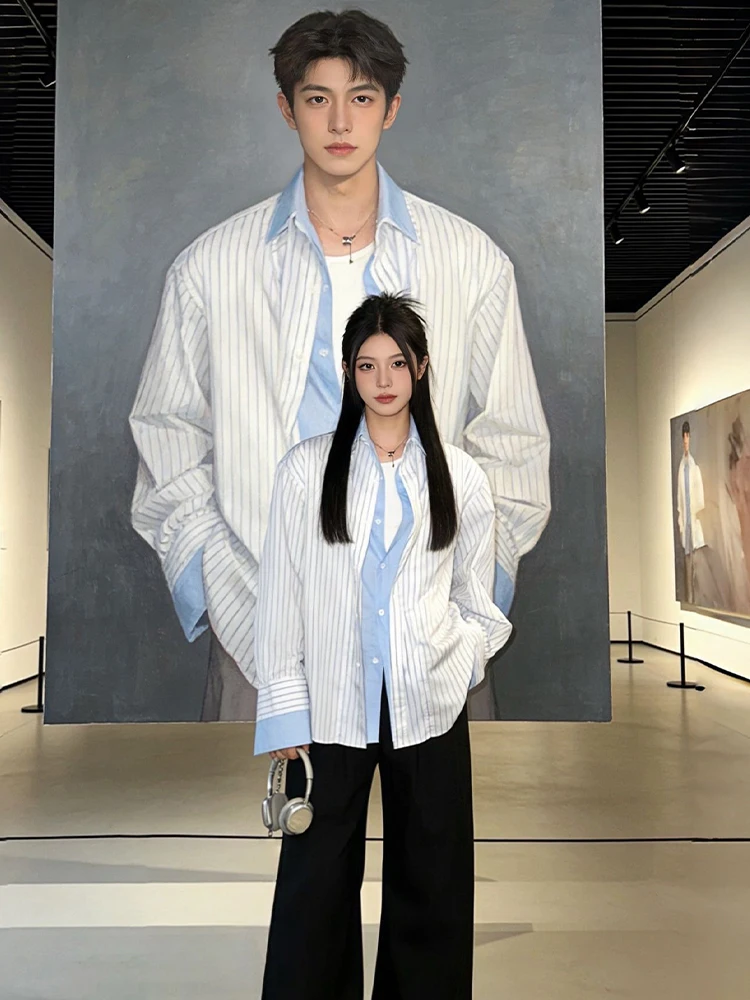 

Сине-белая полосатая рубашка с длинными рукавами для мужчин, высококачественная верхняя одежда с эффектом пэчворк, повседневная одежда в стиле весенней моды