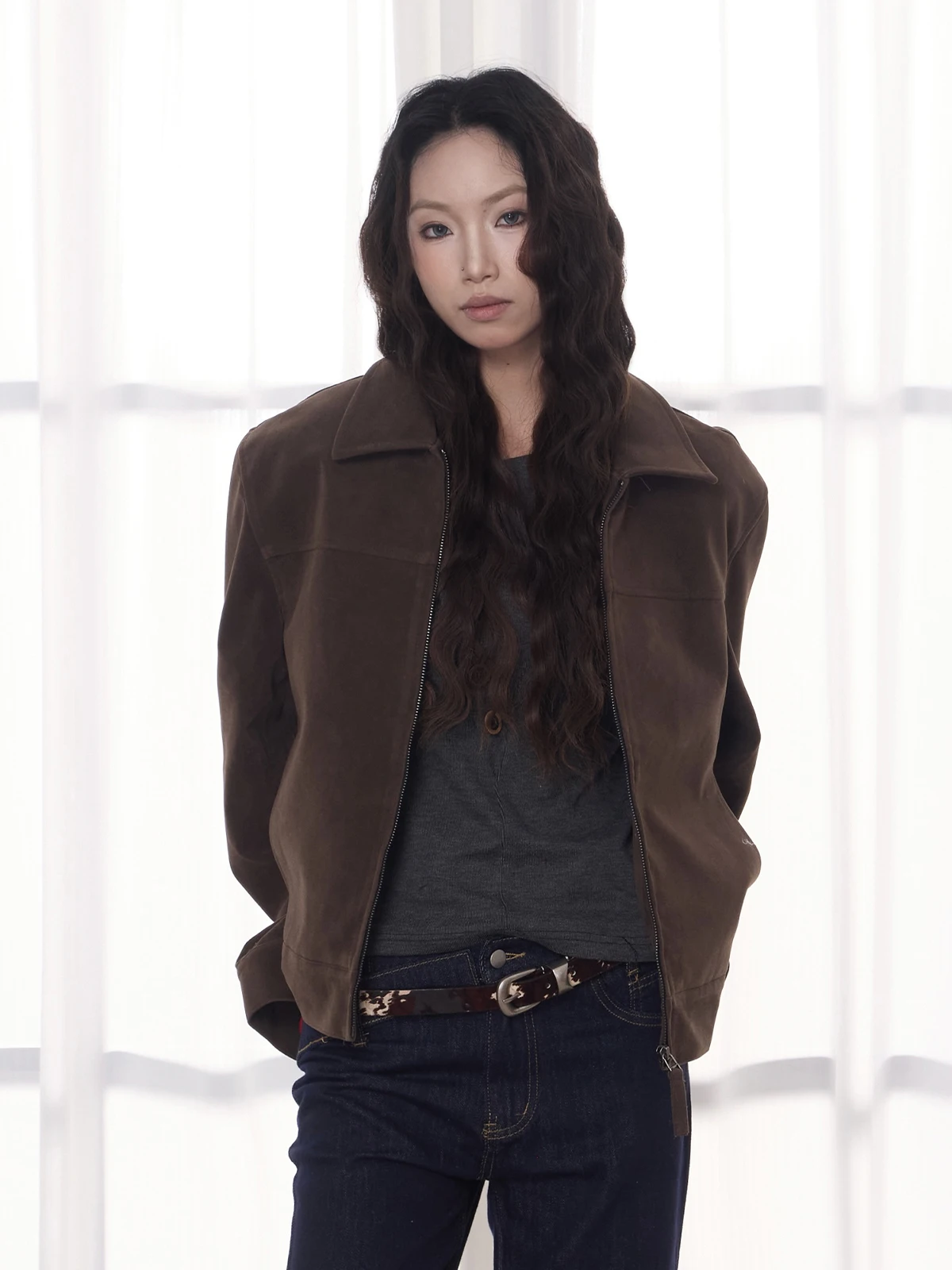 

Retro American Suede Leather Jaet oulder Length Collar Flip Casual Sle Zipper Closure Long Sve Coat for Teenagers