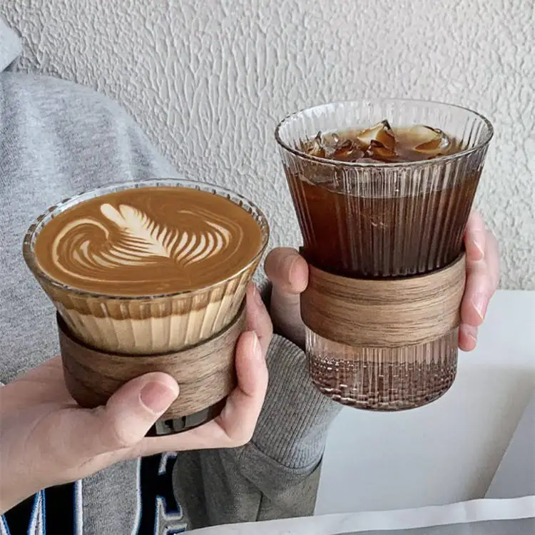 Glass Coffee Mug Japanese Style Walnut Cup SleeveTransparent Kawaii Cup Coffeeware Beautiful Tea Mugs Beer Mug Cute Mug