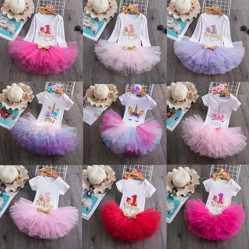 1st Birthday Unicorn Toddler Baby Girls Dress - Letter One Printing