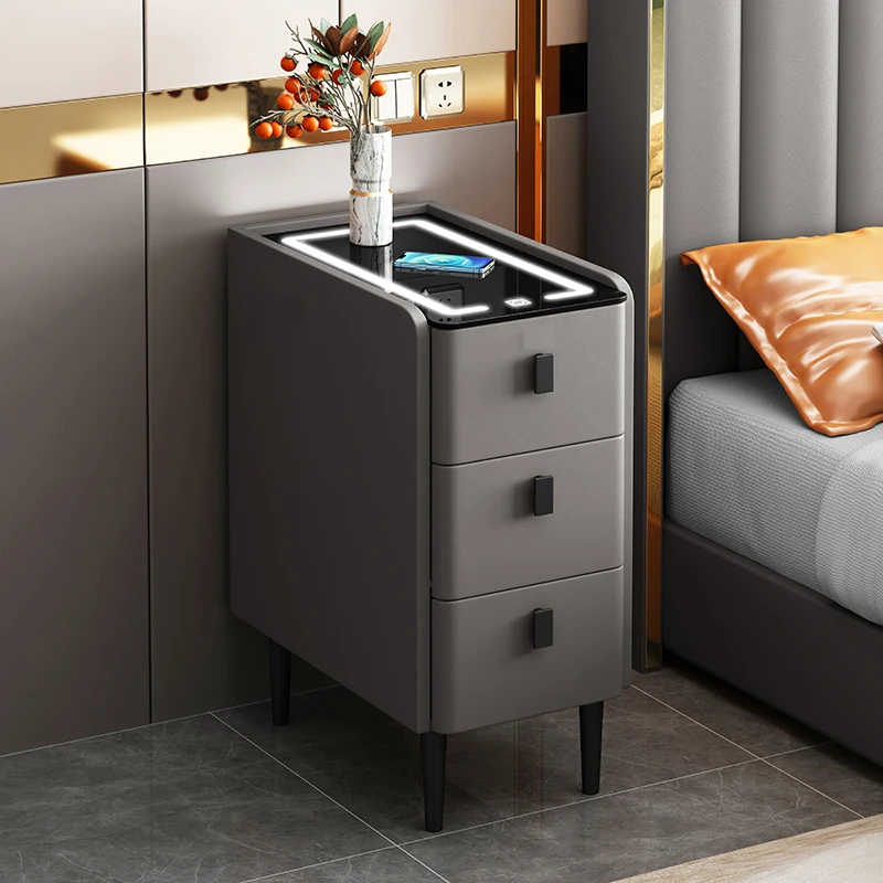 Narrow Smart Nightstands 3-Tier Solid Wood Bedside Cabinet Luxury Bedroom Storage Minimalist End Table with Charging Station