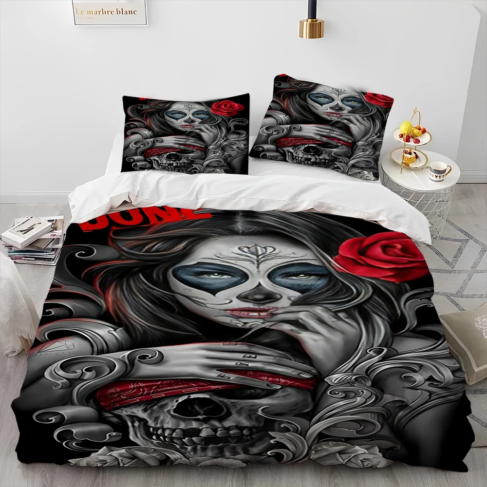 3D Horror Gothic Female Skull Dead Girl Comforter Bedding Set,Duvet Cover Bed Set Quilt Cover Pillowcase,Queen Size Bedding Set