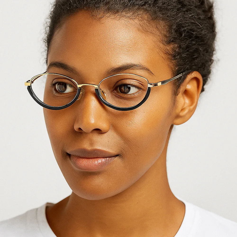 Retro Women's Metal Semi-Frame Anti-Blue Light Glasses , Personality Simple Myopia Prescription Eyeglasses Frame F86178