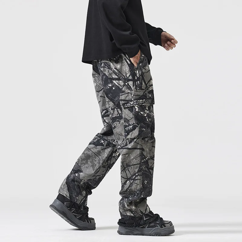 خريف جديد ملابس قطنية مموهة للرجال ماركة أزياء متقدمة تصميم جيب كبير فضفاض مستقيم الساق سراويل تقليدية #3