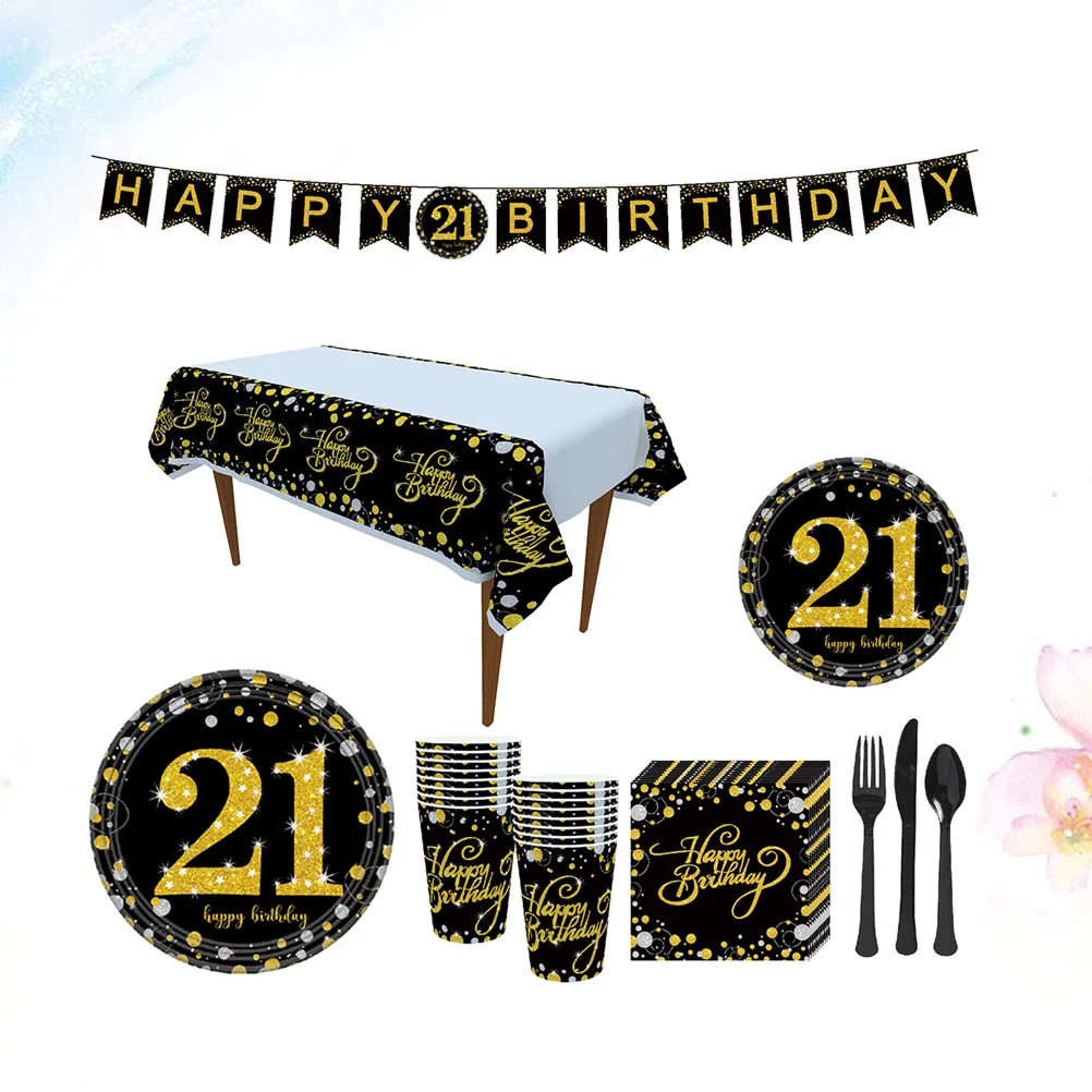 114 Pcs Party Supplies Happy Birthday Favors Prop Black Serving Utensils Gold Decor Plate