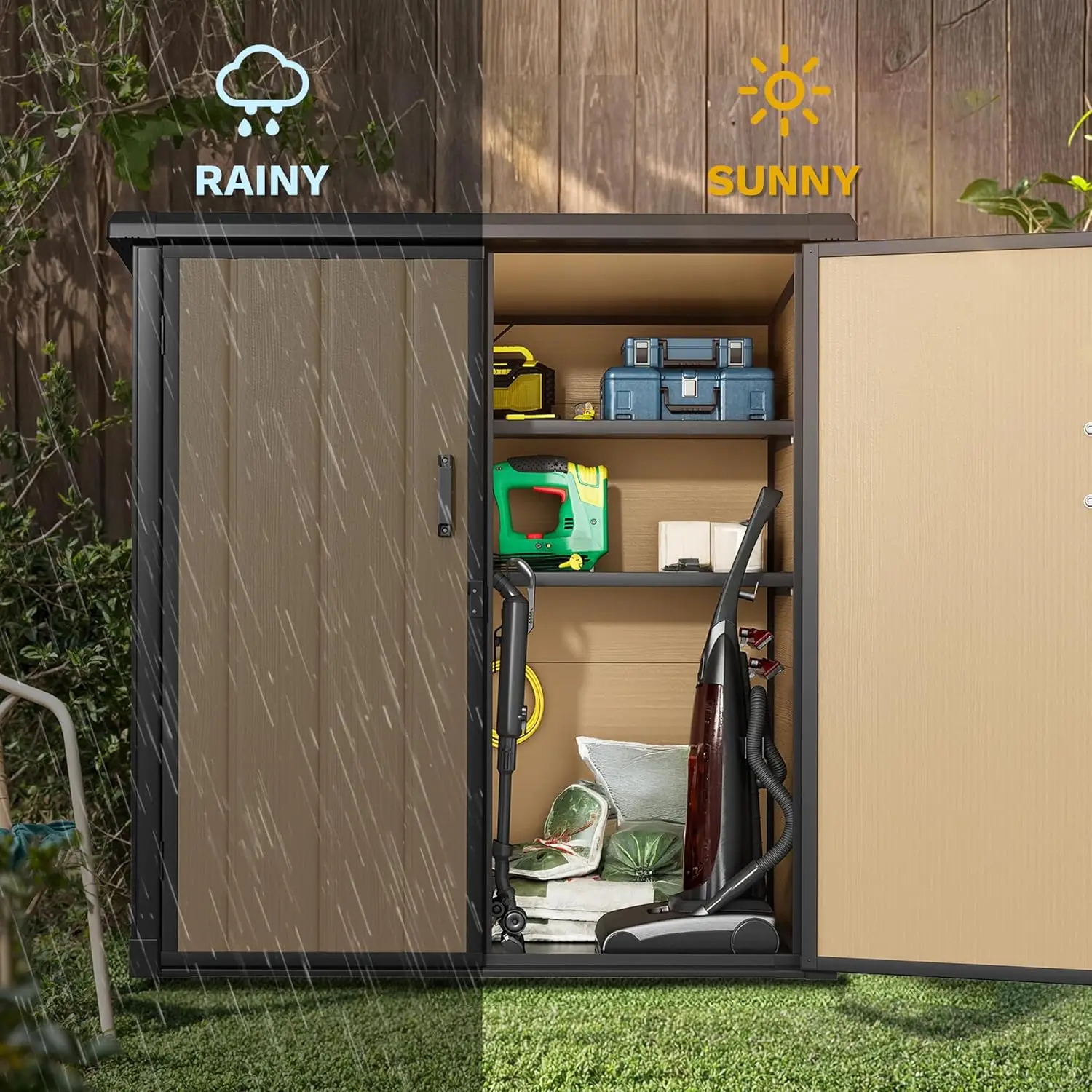 سقيفة تخزين خارجية 51 كفة مع رفين، سقيفة أدوات عمودية مقاومة للطقس مع أرضية وأبواب قابلة للقفل، جدار مزدوج قوي