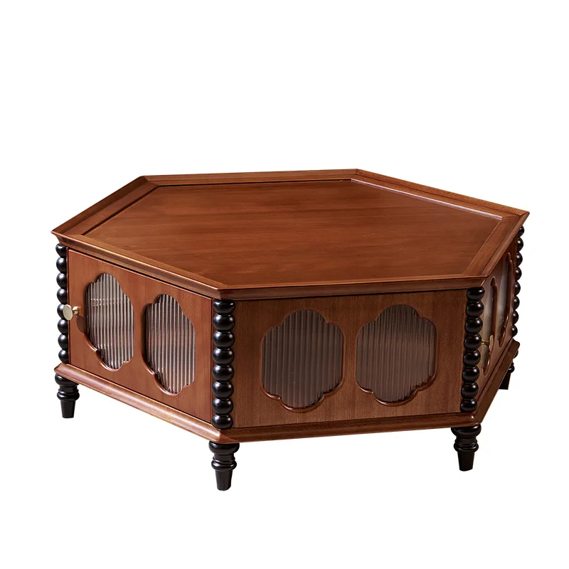 

American retro solid wood hexagonal coffee table living room small apartment side table simple carved storage small table