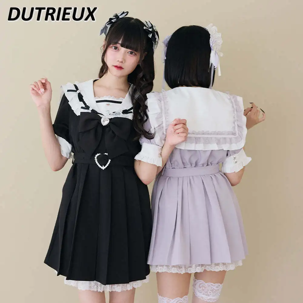 Summer New Sweet Short-sleeved Slimming Dress Heavy Industry Big Bow Belt Love Buckle Lace Edge Navy Collar Pleated Dresses