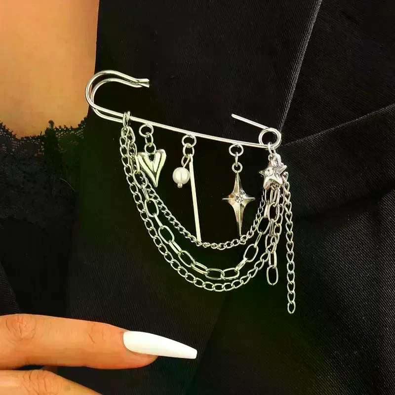 Fashion Heart Star Tassel Chain Brooch Simple Metal Pearl Multi-Layer Chain Brooches Charm Jewelry Decoration Accessories